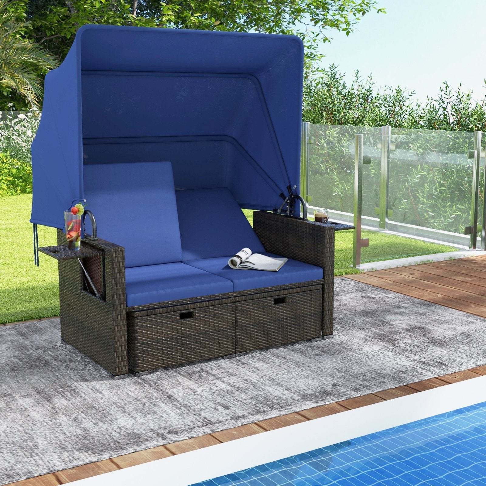 Outdoor Patio Rattan Daybed with Retractable Canopy and Adjustable Backrests, Navy Outdoor Sectionals   at Gallery Canada