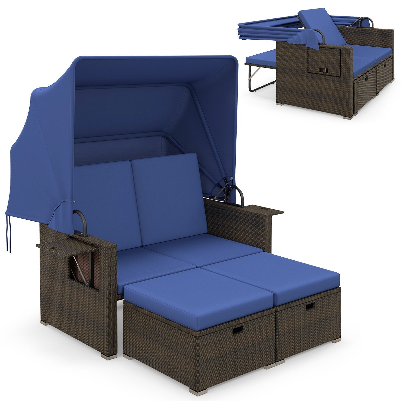 Outdoor Patio Rattan Daybed with Retractable Canopy and Adjustable Backrests, Navy Outdoor Sectionals Navy  at Gallery Canada