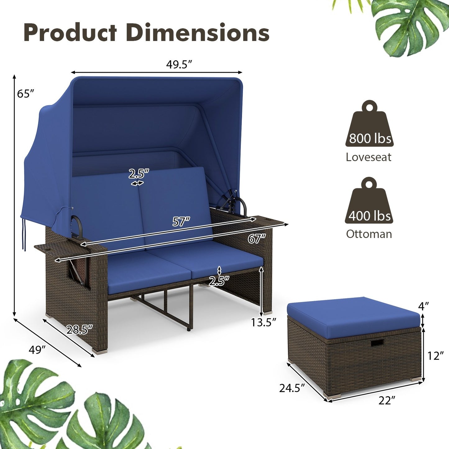 Outdoor Patio Rattan Daybed with Retractable Canopy and Adjustable Backrests, Navy Outdoor Sectionals   at Gallery Canada