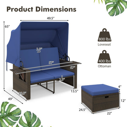 Outdoor Patio Rattan Daybed with Retractable Canopy and Adjustable Backrests, Navy Outdoor Sectionals   at Gallery Canada