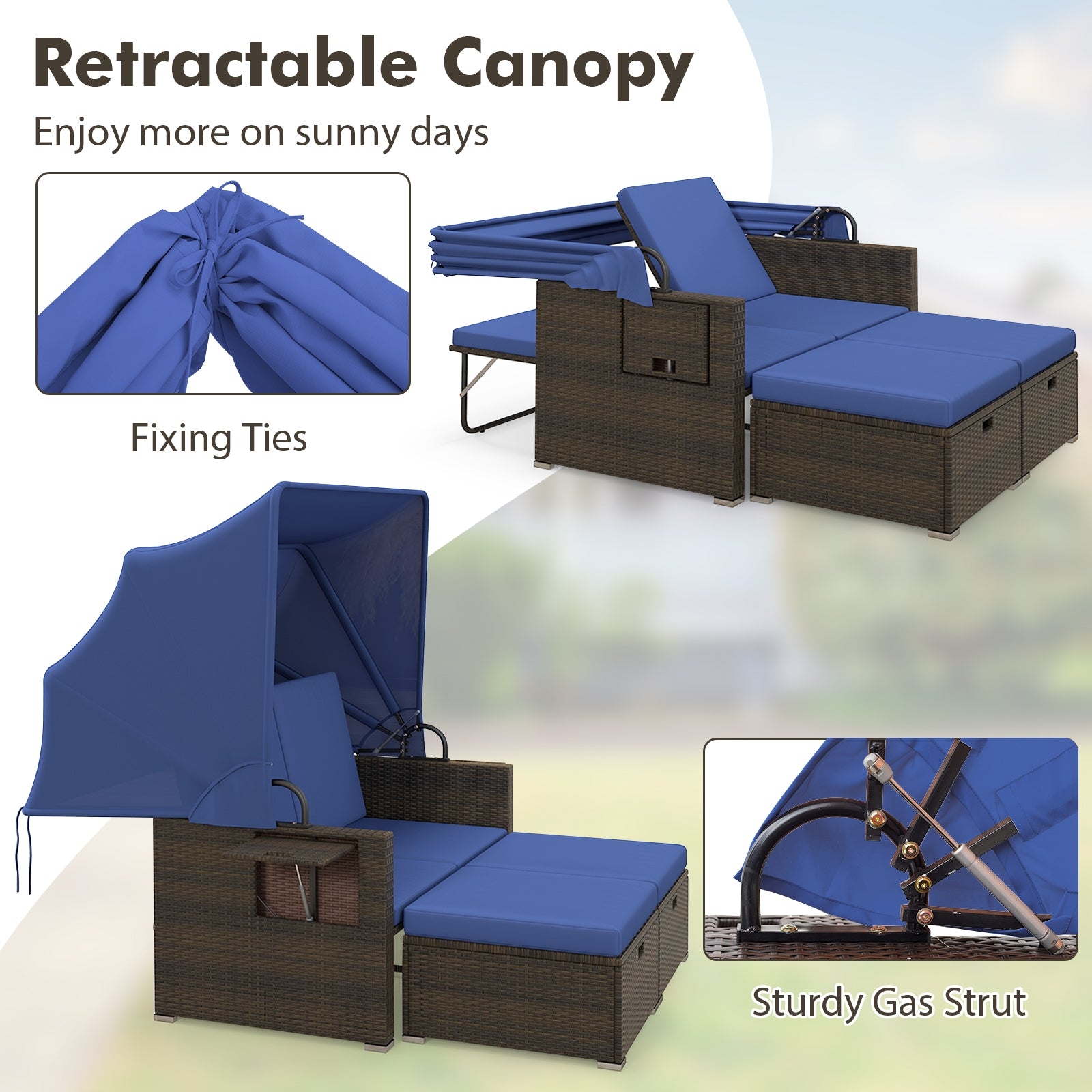 Outdoor Patio Rattan Daybed with Retractable Canopy and Adjustable Backrests, Navy Outdoor Sectionals   at Gallery Canada