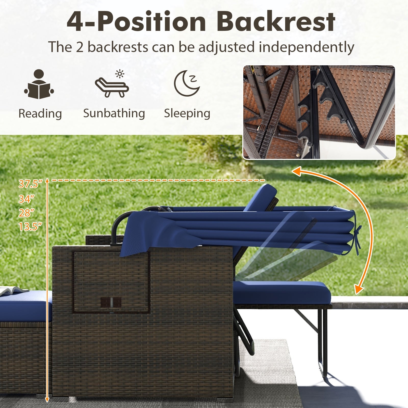 Outdoor Patio Rattan Daybed with Retractable Canopy and Adjustable Backrests, Navy Outdoor Sectionals   at Gallery Canada