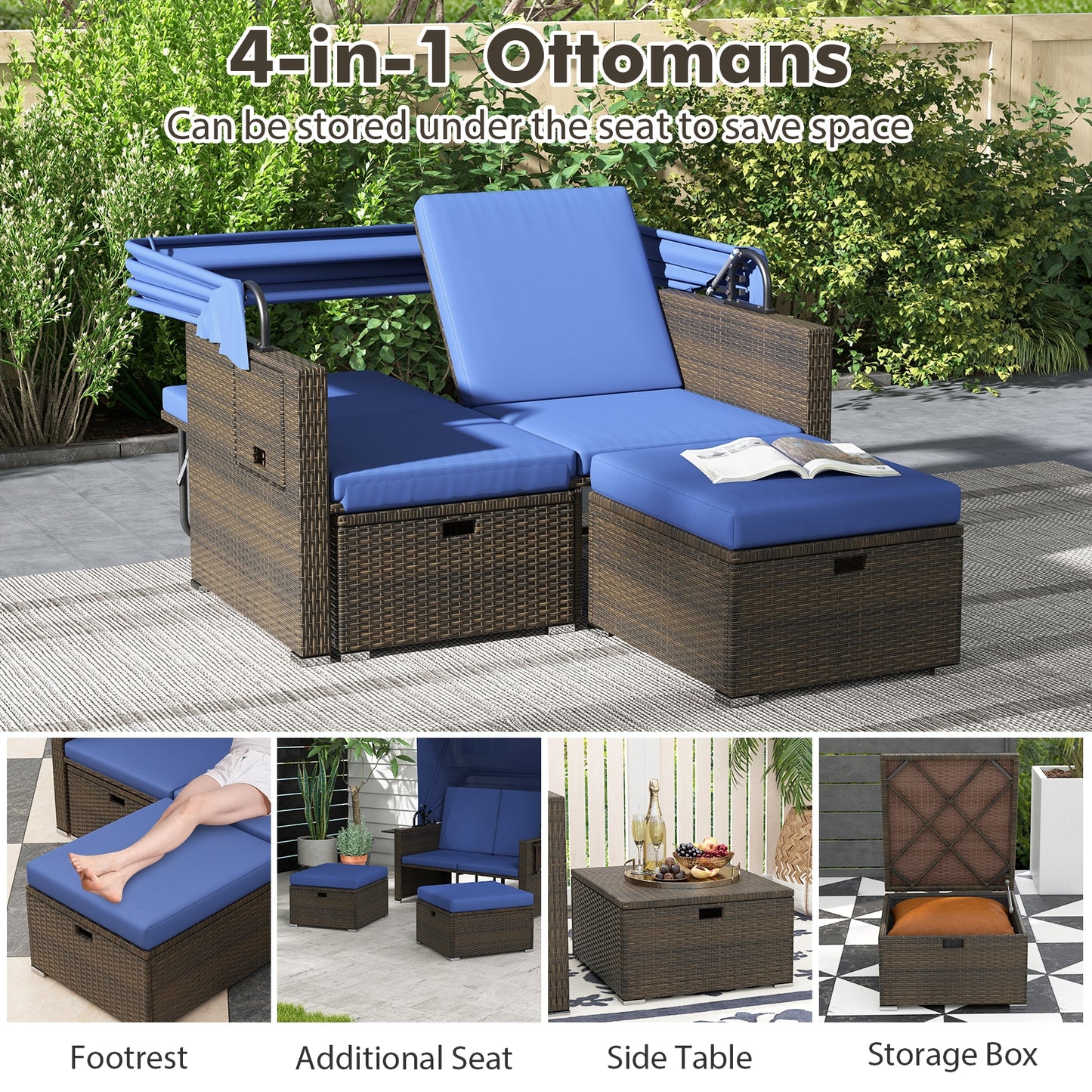 Outdoor Patio Rattan Daybed with Retractable Canopy and Adjustable Backrests, Navy Outdoor Sectionals   at Gallery Canada