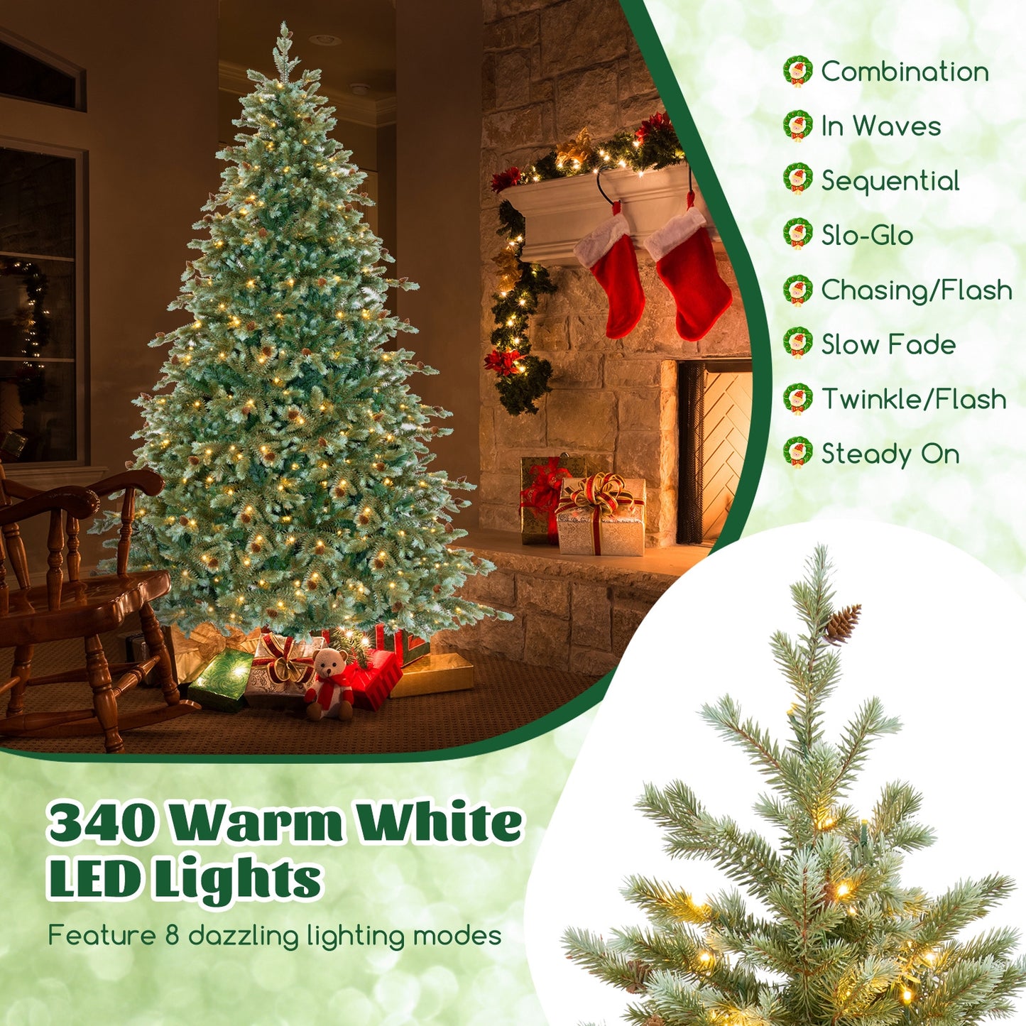 6/7/8 Feet Christmas Tree with Warm White LED Lights and Pine Cones-7 ft, Green Christmas Tree   at Gallery Canada