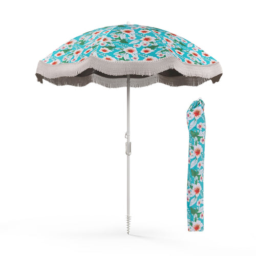 6.5 FT Beach Umbrella with Fringe Outdoor Tassel Umbrella with Push Button Tilt, Green