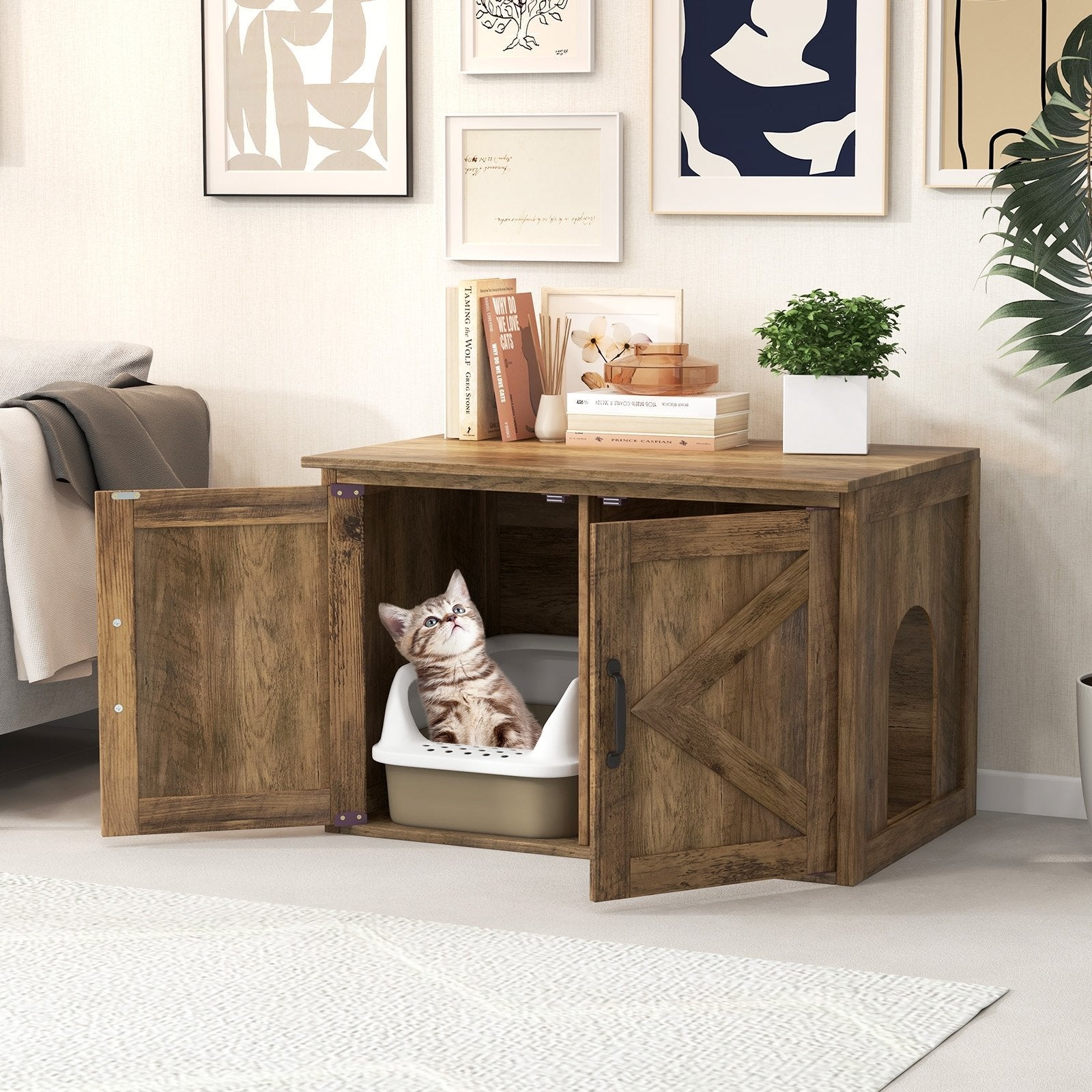 Flip Top Hidden Cat Washroom Furniture with Double Barn Doors  Removable Divider and Middle Entry, Oak Cat Houses   at Gallery Canada