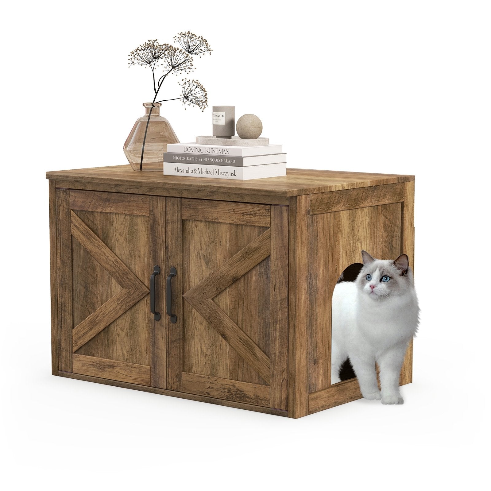 Flip Top Hidden Cat Washroom Furniture with Double Barn Doors  Removable Divider and Middle Entry, Oak Cat Houses Oak  at Gallery Canada