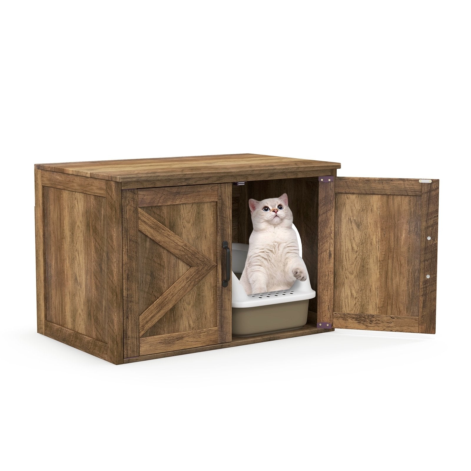 Flip Top Hidden Cat Washroom Furniture with Double Barn Doors  Removable Divider and Middle Entry, Oak Cat Houses   at Gallery Canada