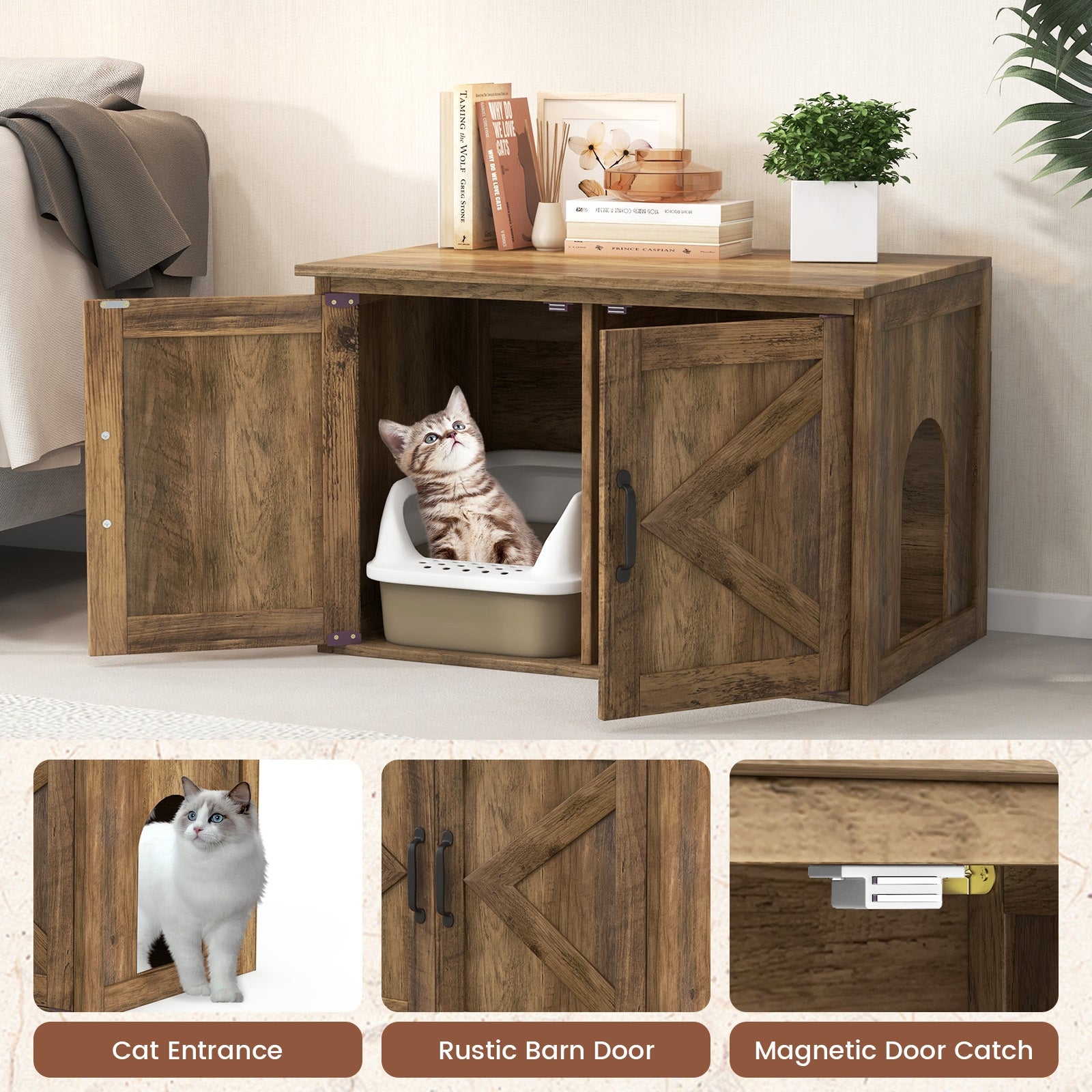 Flip Top Hidden Cat Washroom Furniture with Double Barn Doors  Removable Divider and Middle Entry, Oak Cat Houses   at Gallery Canada