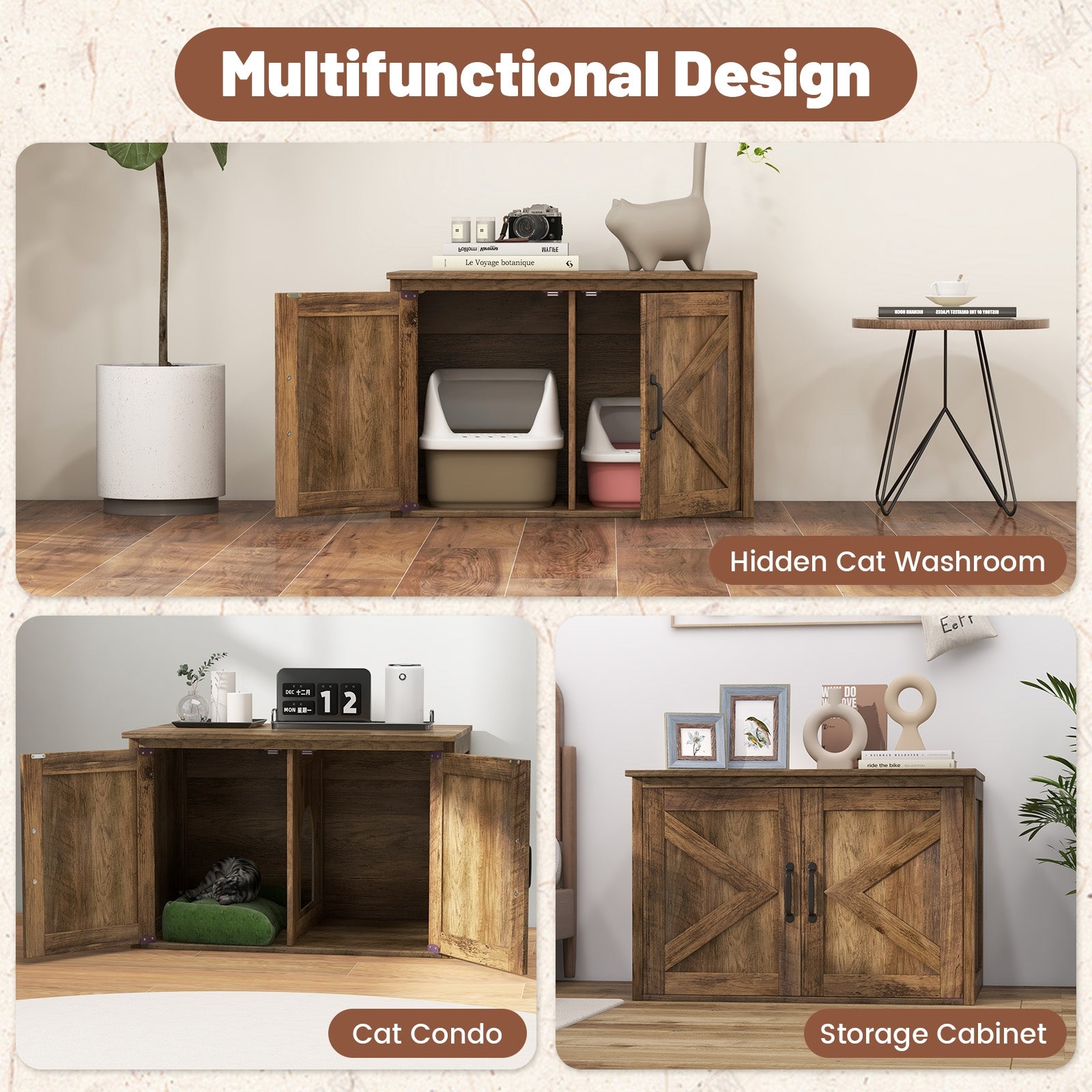 Flip Top Hidden Cat Washroom Furniture with Double Barn Doors  Removable Divider and Middle Entry, Oak Cat Houses   at Gallery Canada