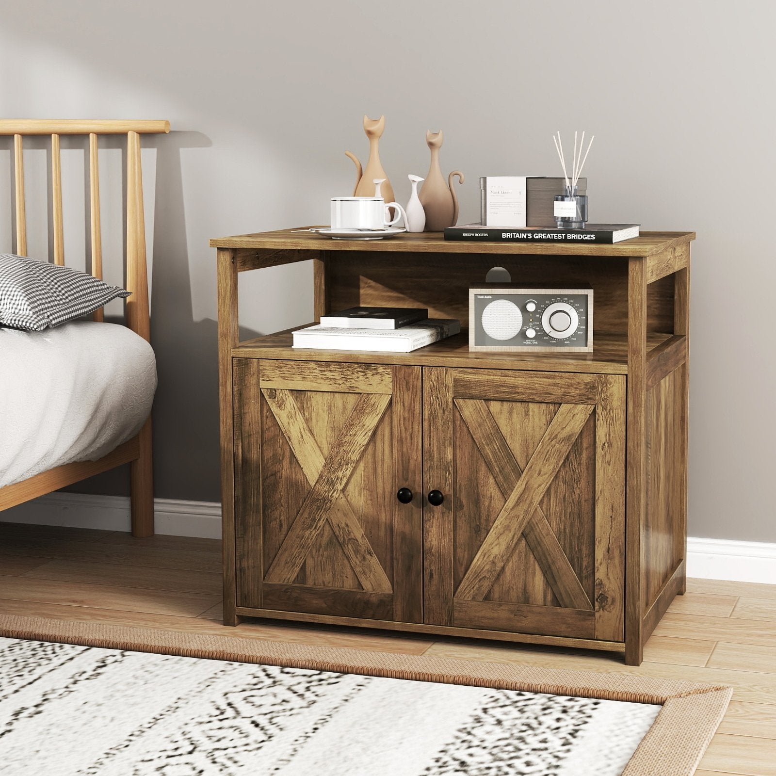 Cat Litter Box Enclosure with Double Barn Doors  Divider  Side Entry and Storage Shelf, Oak Cat Houses   at Gallery Canada