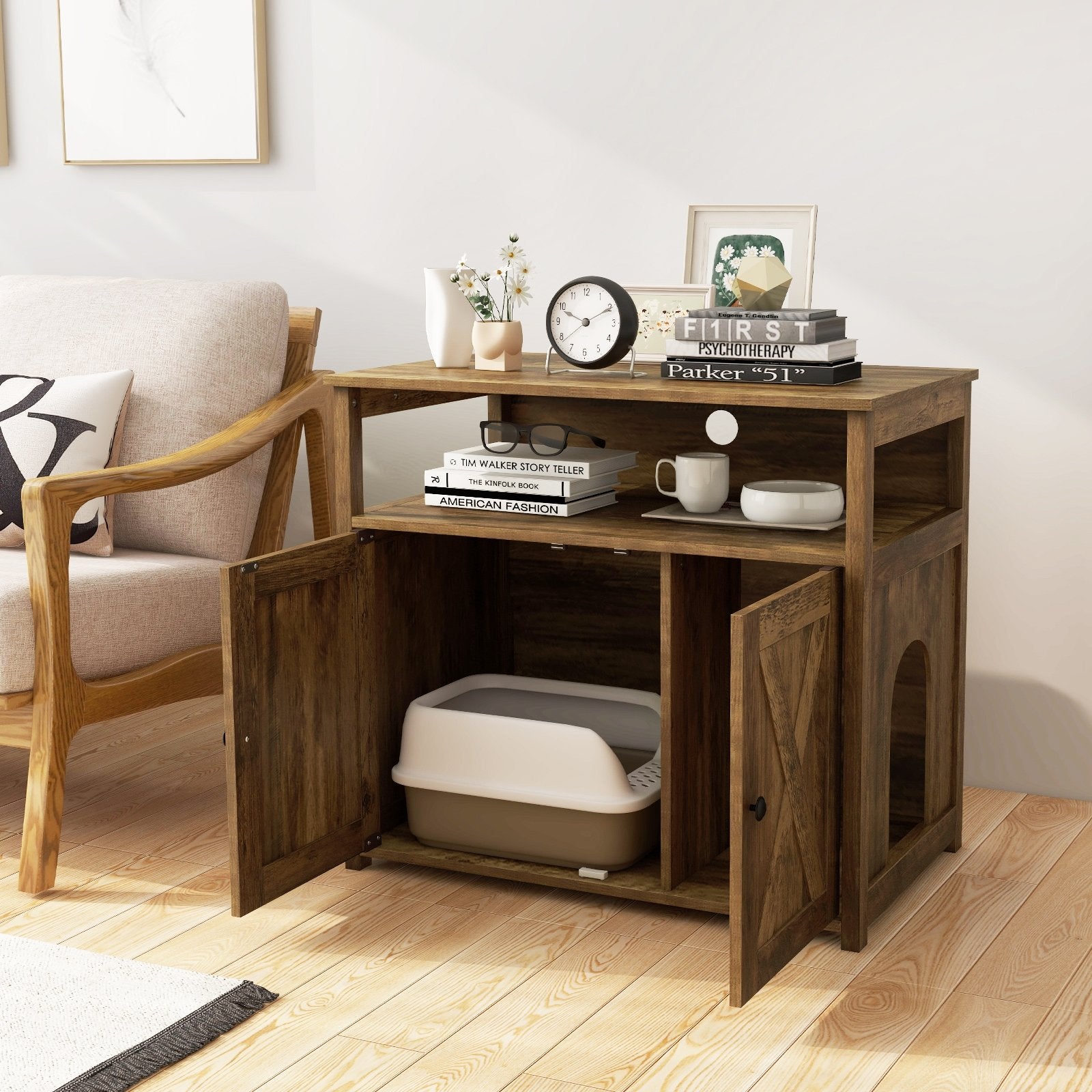 Cat Litter Box Enclosure with Double Barn Doors  Divider  Side Entry and Storage Shelf, Oak Cat Houses   at Gallery Canada