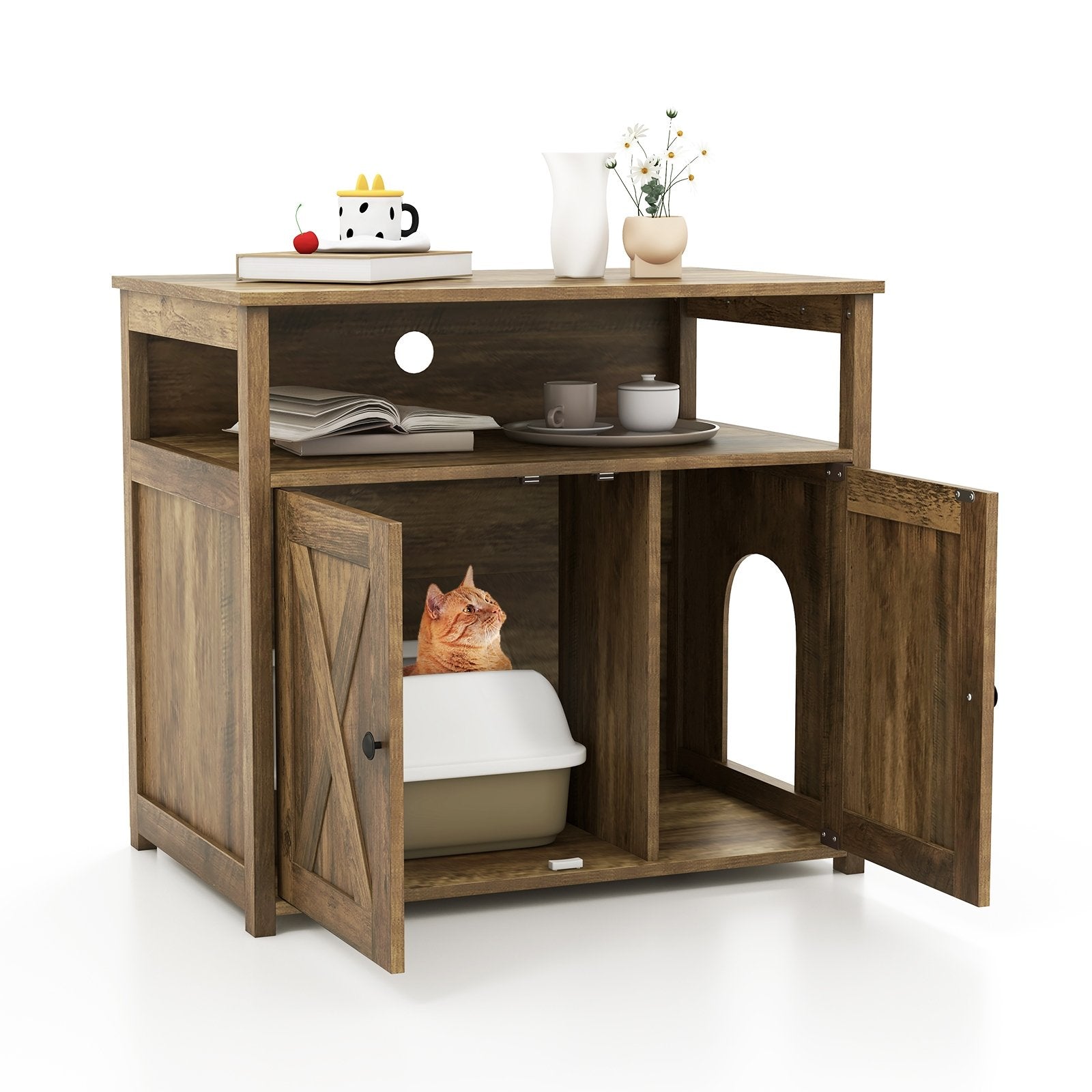 Cat Litter Box Enclosure with Double Barn Doors  Divider  Side Entry and Storage Shelf, Oak Cat Houses   at Gallery Canada