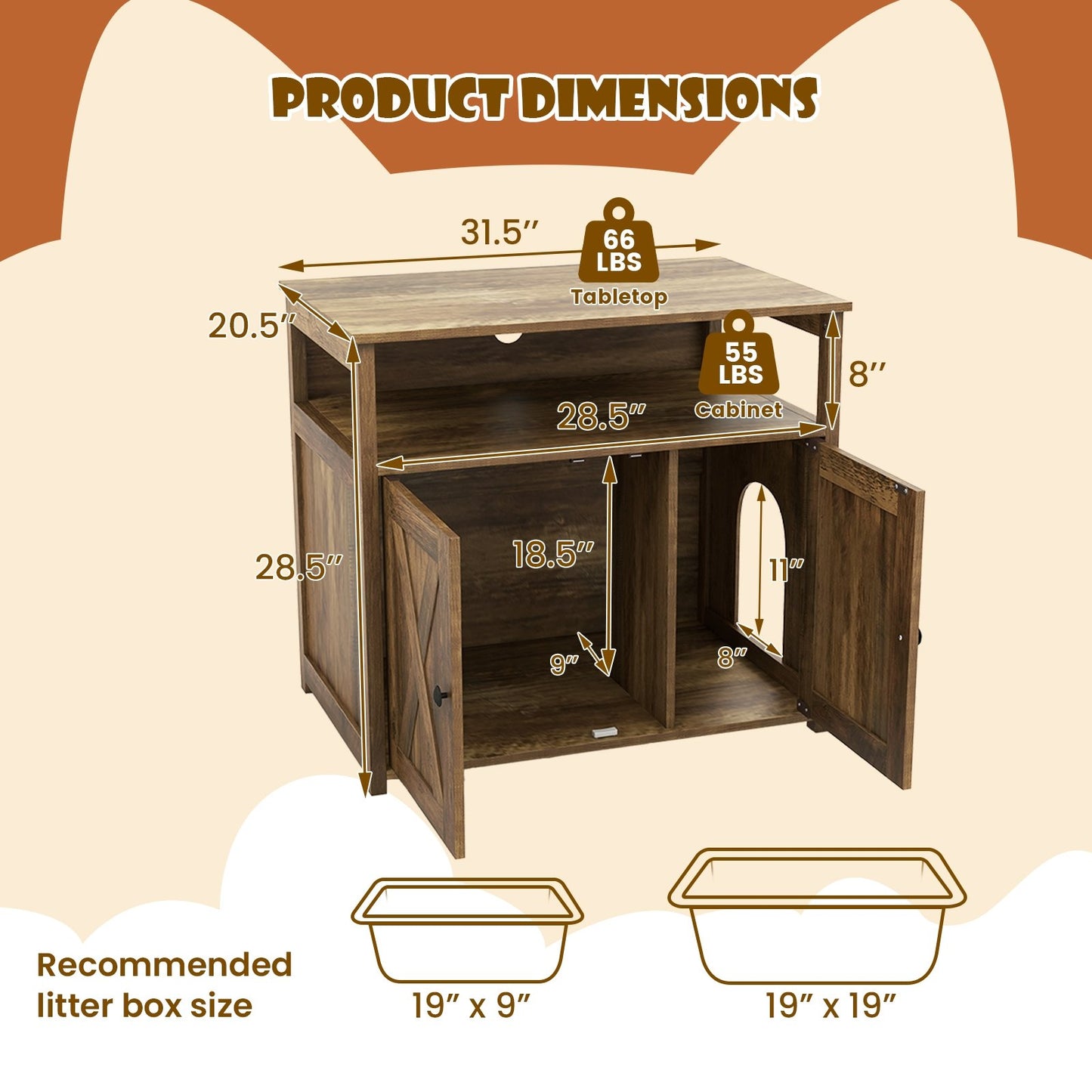 Cat Litter Box Enclosure with Double Barn Doors  Divider  Side Entry and Storage Shelf, Oak Cat Houses   at Gallery Canada