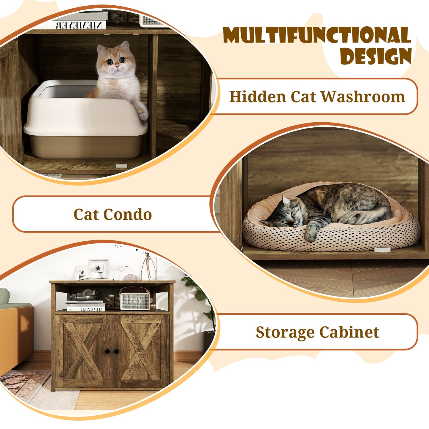 Cat Litter Box Enclosure with Double Barn Doors  Divider  Side Entry and Storage Shelf, Oak Cat Houses   at Gallery Canada