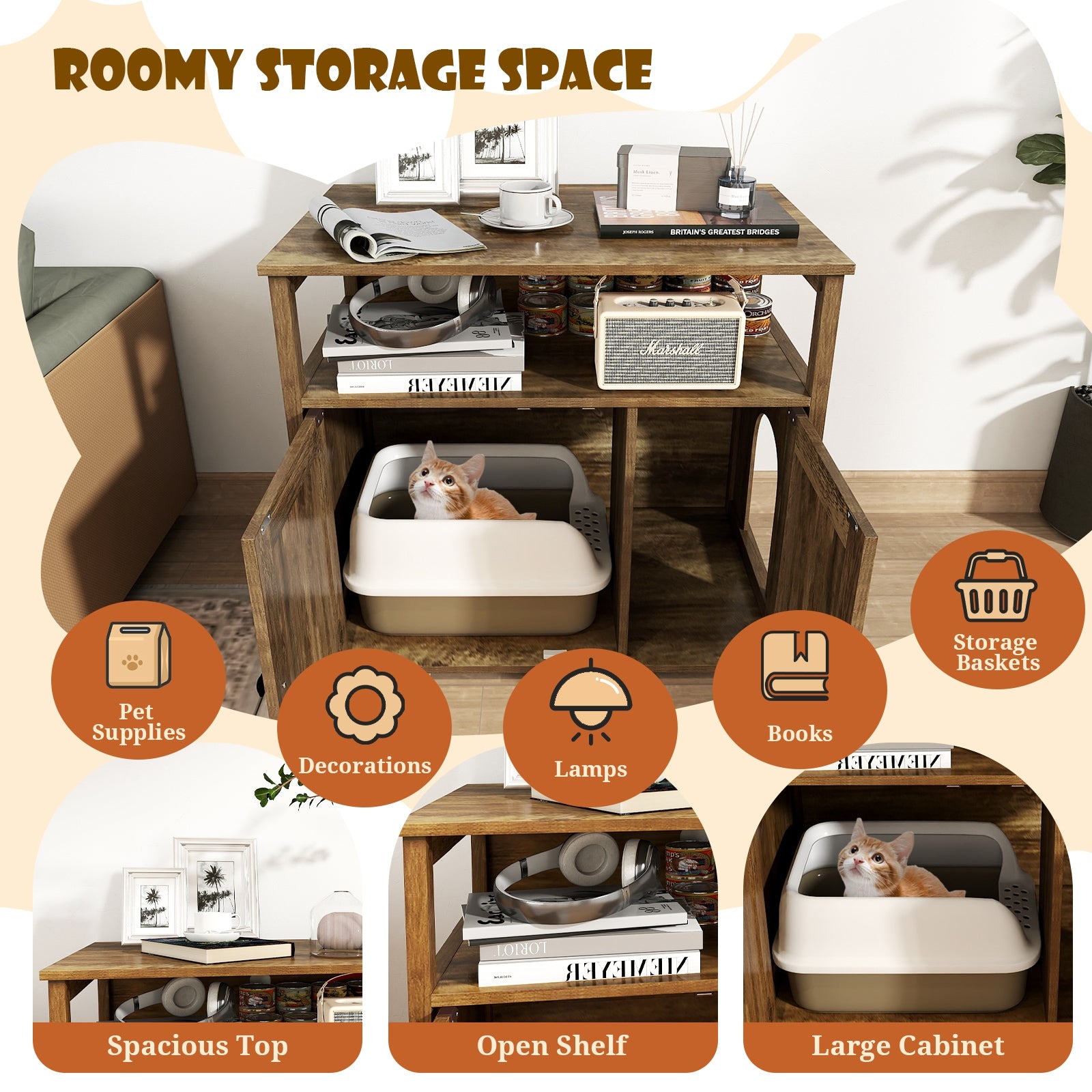 Cat Litter Box Enclosure with Double Barn Doors  Divider  Side Entry and Storage Shelf, Oak Cat Houses   at Gallery Canada