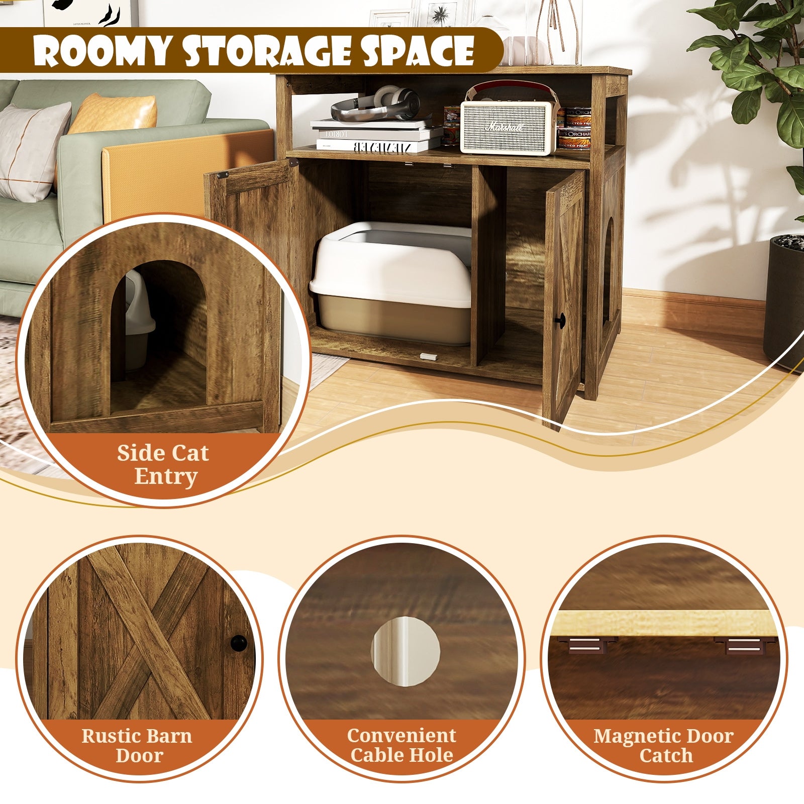 Cat Litter Box Enclosure with Double Barn Doors  Divider  Side Entry and Storage Shelf, Oak Cat Houses   at Gallery Canada