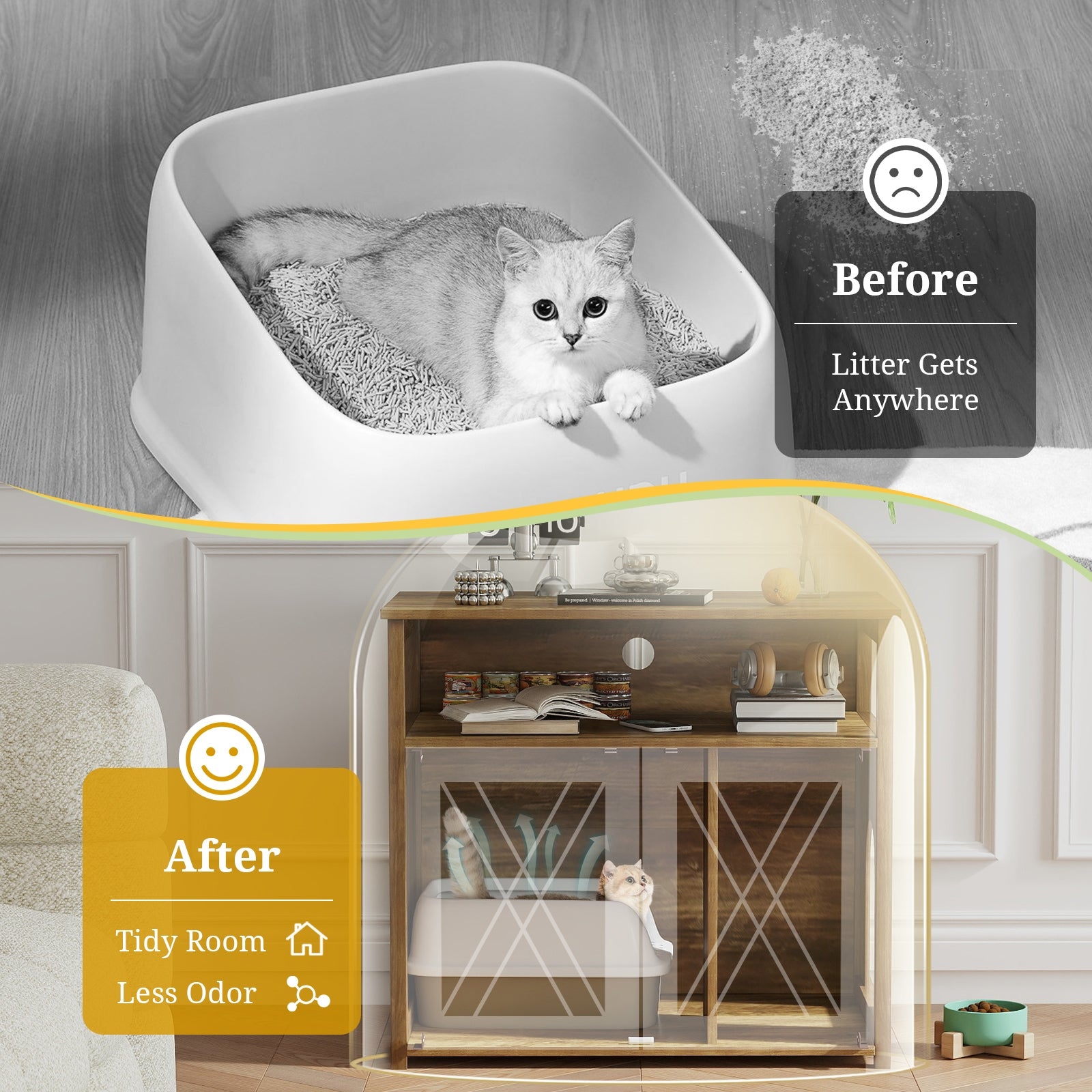 Cat Litter Box Enclosure with Double Barn Doors  Divider  Side Entry and Storage Shelf, Oak Cat Houses   at Gallery Canada