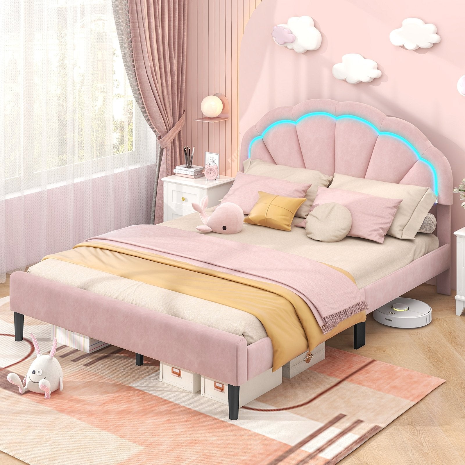 Upholstered LED Bed Frame with Adjustable Flower Headboard and Metal Support Feet Pink-Queen Size Beds & Bed Frames   at Gallery Canada