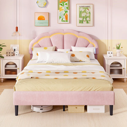 Upholstered LED Bed Frame with Adjustable Flower Headboard and Metal Support Feet Pink-Queen Size Beds & Bed Frames   at Gallery Canada