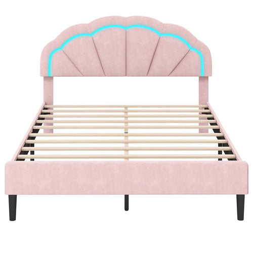 Upholstered LED Bed Frame with Adjustable Flower Headboard and Metal Support Feet Pink-Queen Size