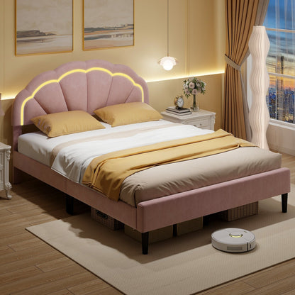 Upholstered LED Bed Frame with Adjustable Flower Headboard and Metal Support Feet Pink-Queen Size Beds & Bed Frames   at Gallery Canada