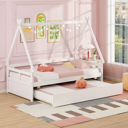 Twin Size House Bed with Trundle and Safety Guardrail, White Trundle Bed Frame   at Gallery Canada