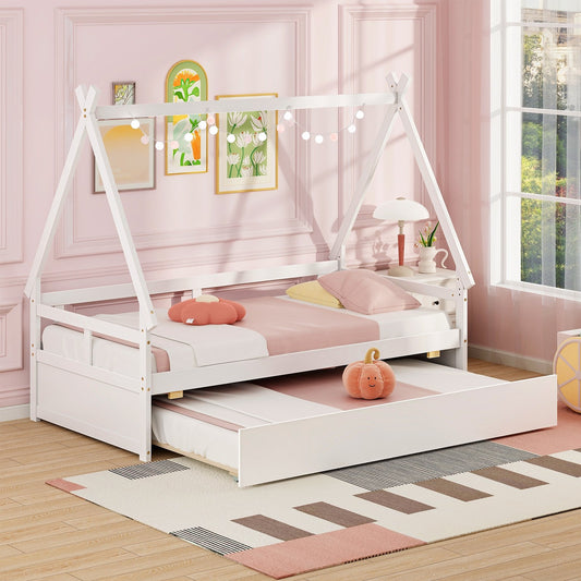 Twin Size House Bed with Trundle and Safety Guardrail, White Trundle Bed Frame White  at Gallery Canada