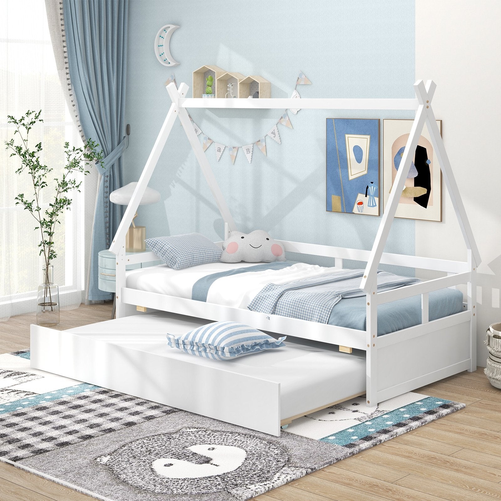 Twin Size House Bed with Trundle and Safety Guardrail, White Trundle Bed Frame   at Gallery Canada