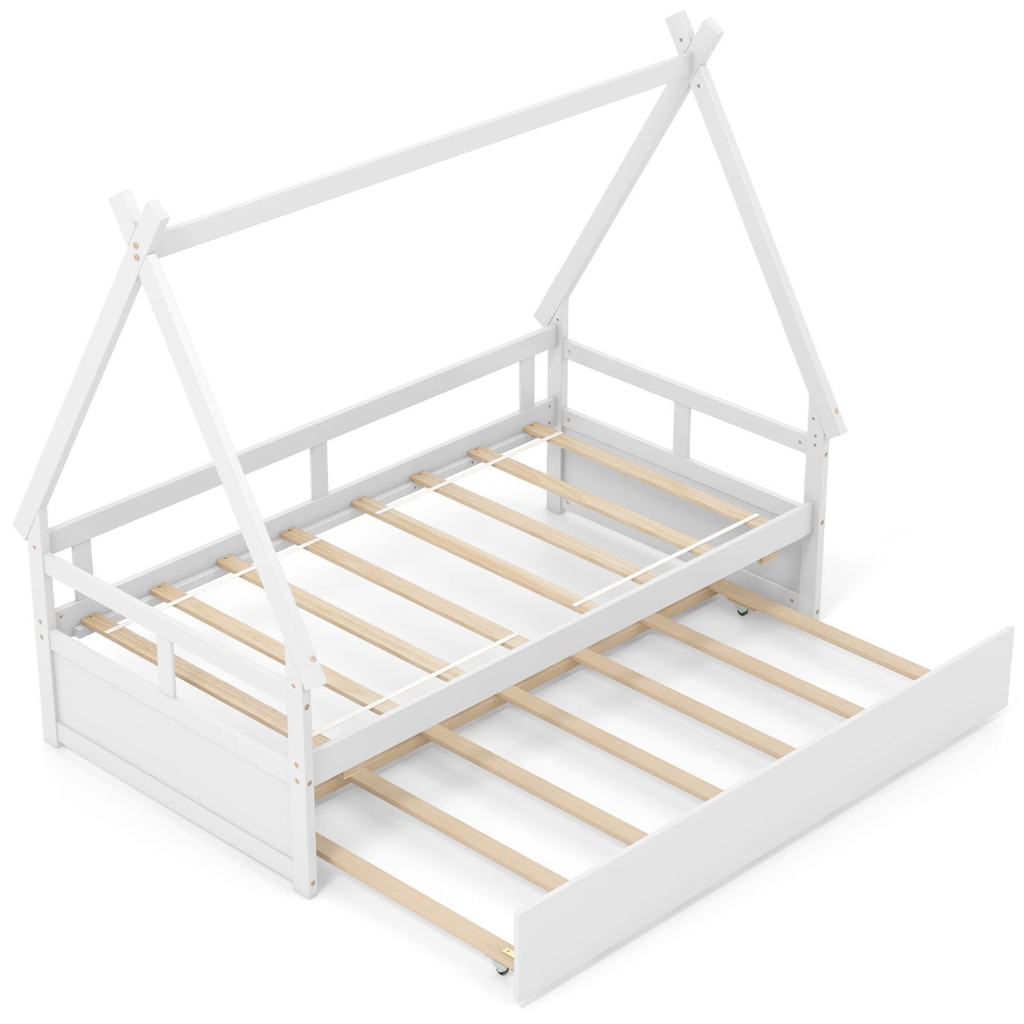 Twin Size House Bed with Trundle and Safety Guardrail, White Trundle Bed Frame White  at Gallery Canada