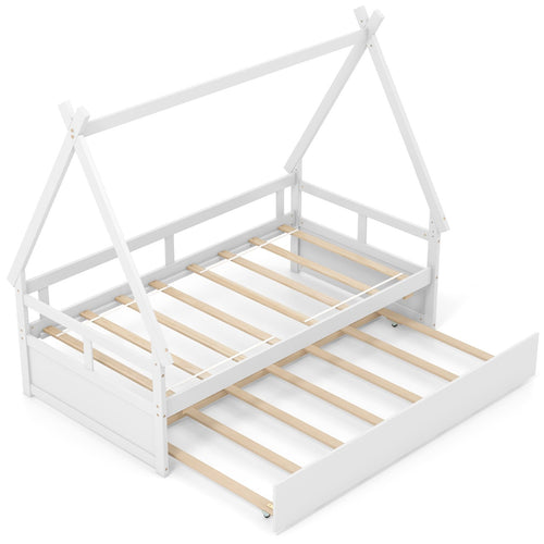 Twin Size House Bed with Trundle and Safety Guardrail, White