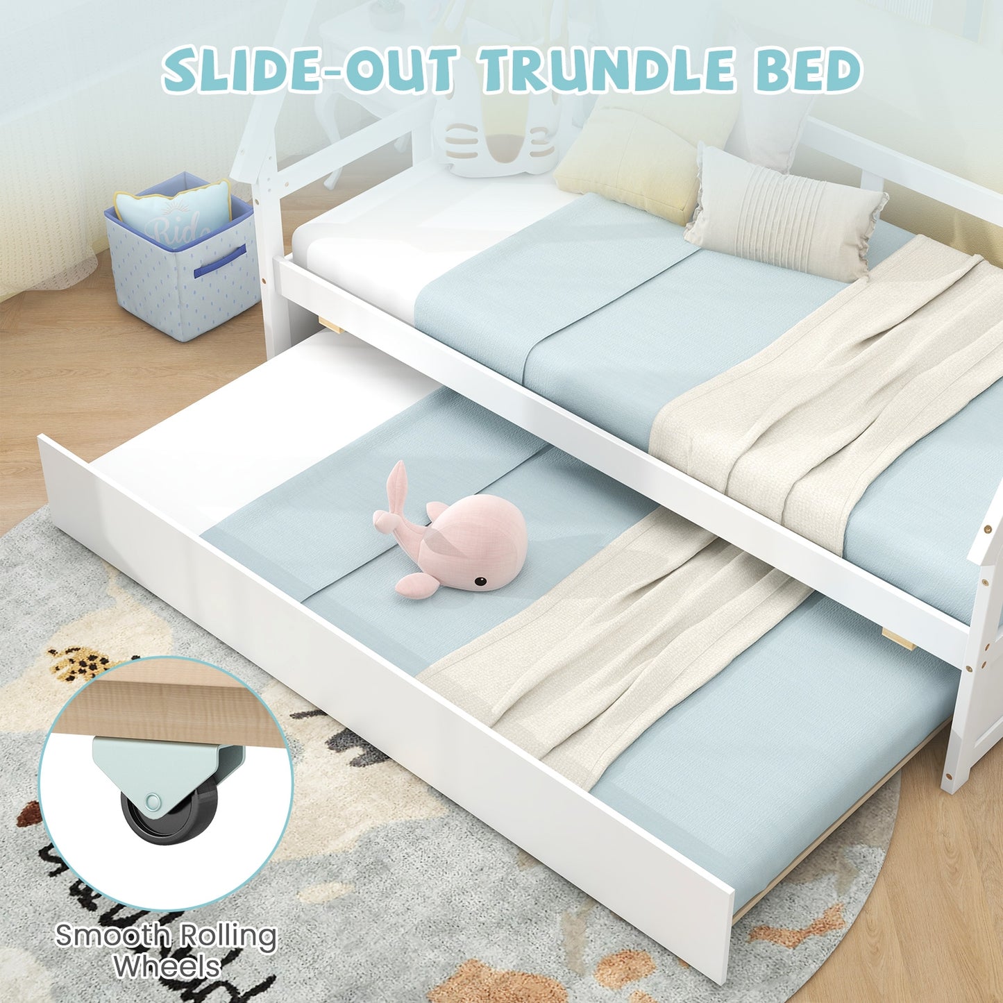 Twin Size House Bed with Trundle and Safety Guardrail, White Trundle Bed Frame   at Gallery Canada