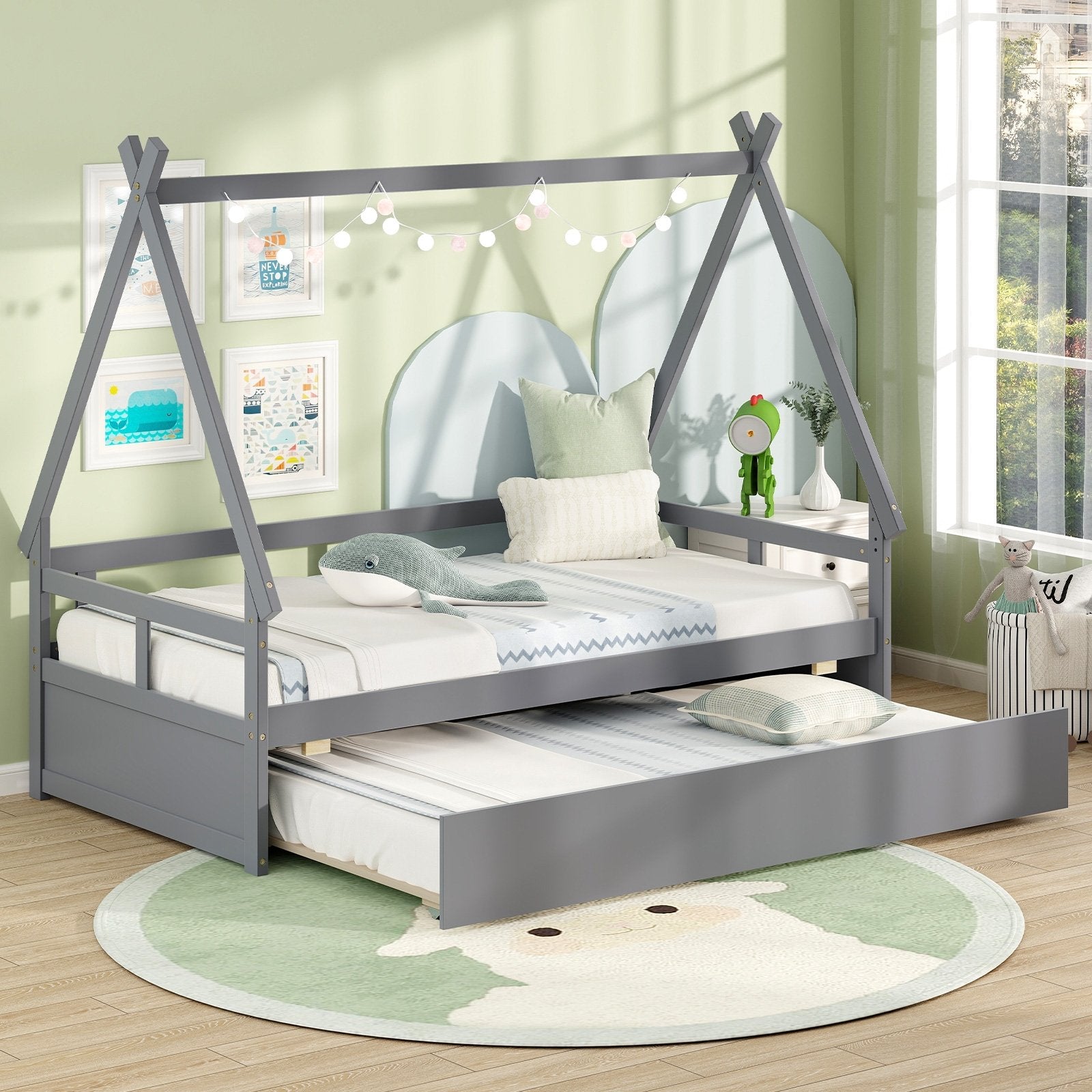 Twin Size House Bed with Trundle and Safety Guardrail, Gray Trundle Bed Frame   at Gallery Canada