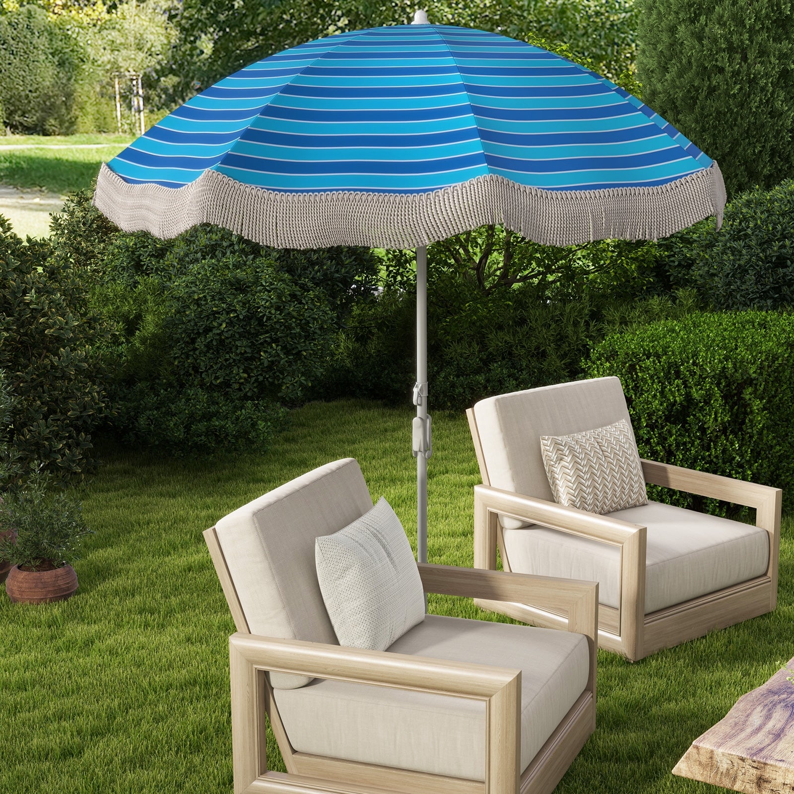 6.5 FT Beach Umbrella with Fringe Outdoor Tassel Umbrella with Push Button Tilt, Navy Outdoor Umbrellas at Gallery Canada