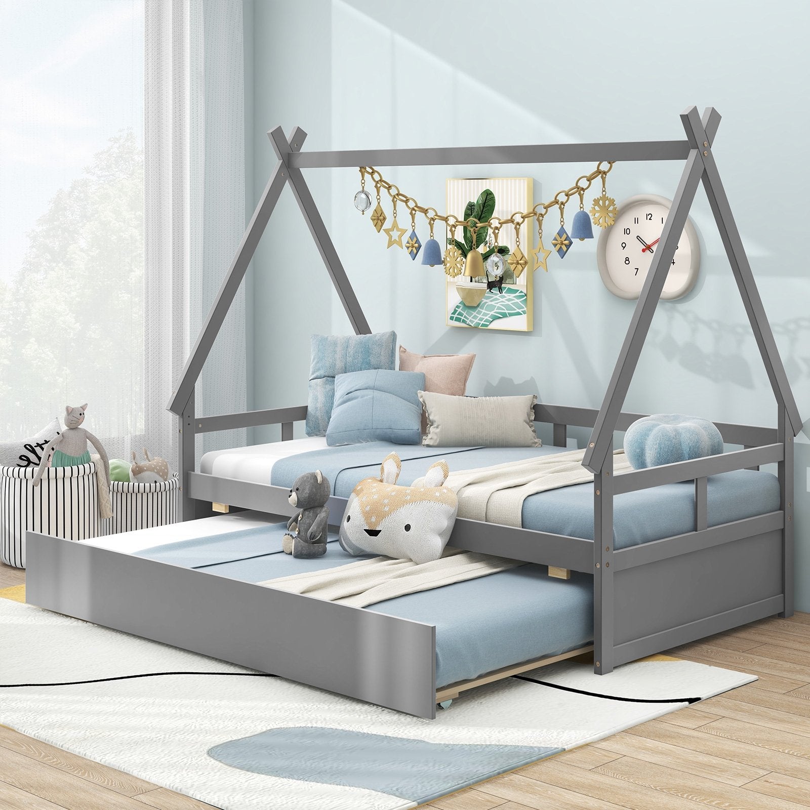 Twin Size House Bed with Trundle and Safety Guardrail, Gray Trundle Bed Frame   at Gallery Canada