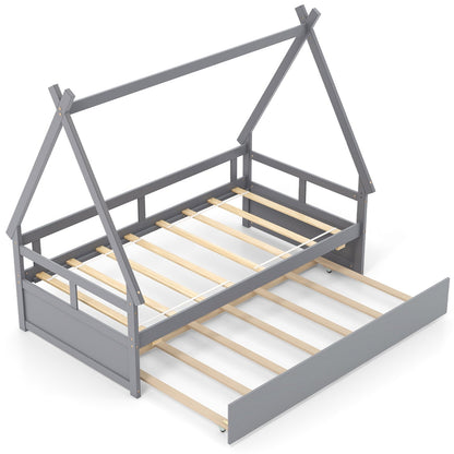 Twin Size House Bed with Trundle and Safety Guardrail, Gray Trundle Bed Frame Gray  at Gallery Canada