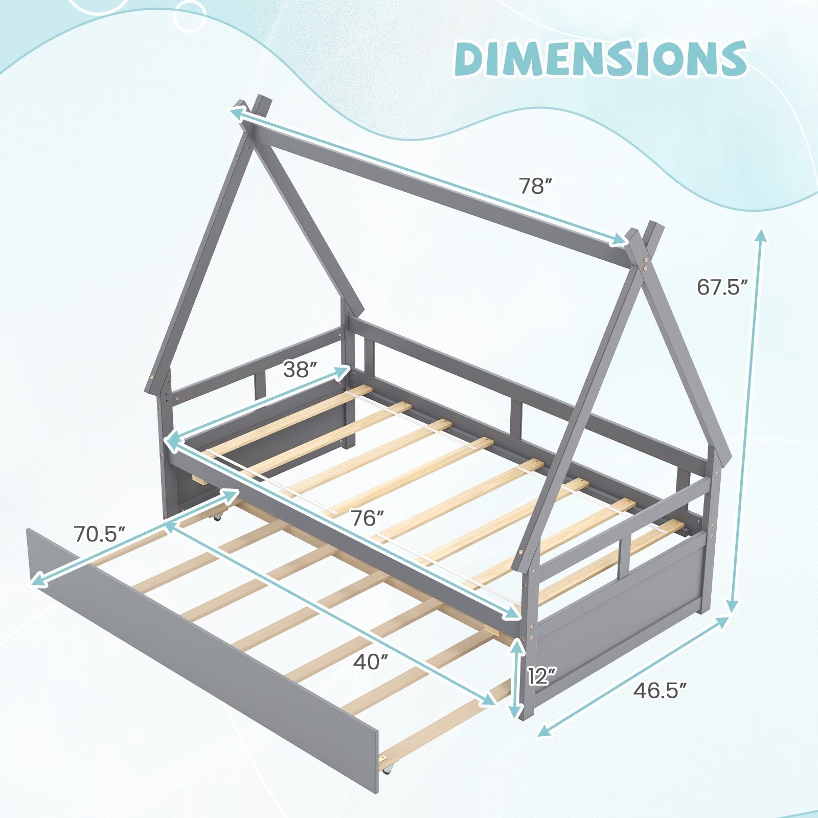 Twin Size House Bed with Trundle and Safety Guardrail, Gray Trundle Bed Frame   at Gallery Canada