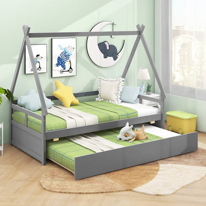 Twin Size House Bed with Trundle and Safety Guardrail, Gray Trundle Bed Frame   at Gallery Canada