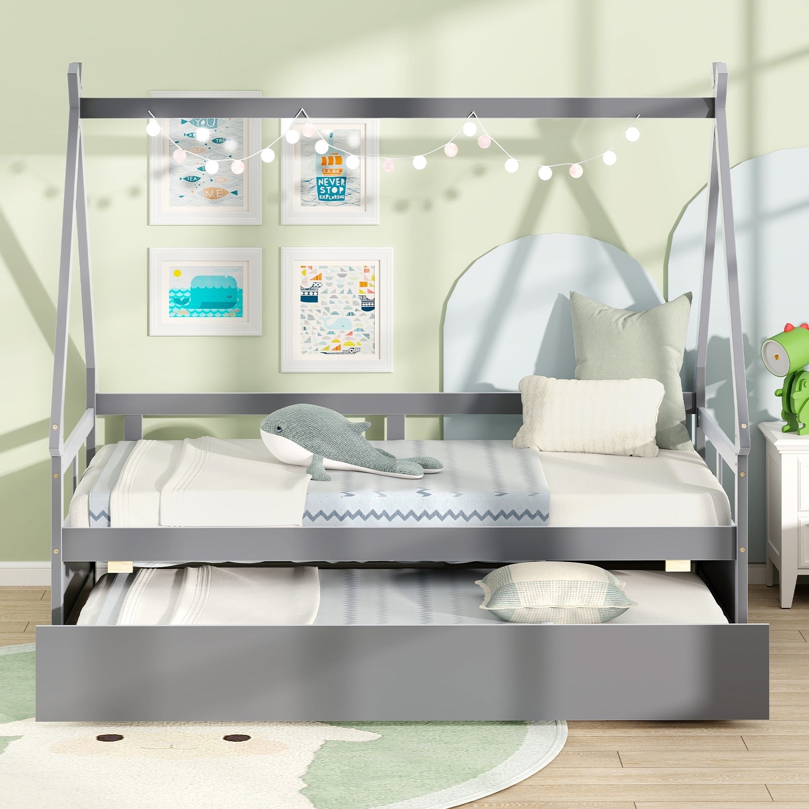 Twin Size House Bed with Trundle and Safety Guardrail, Gray Trundle Bed Frame   at Gallery Canada