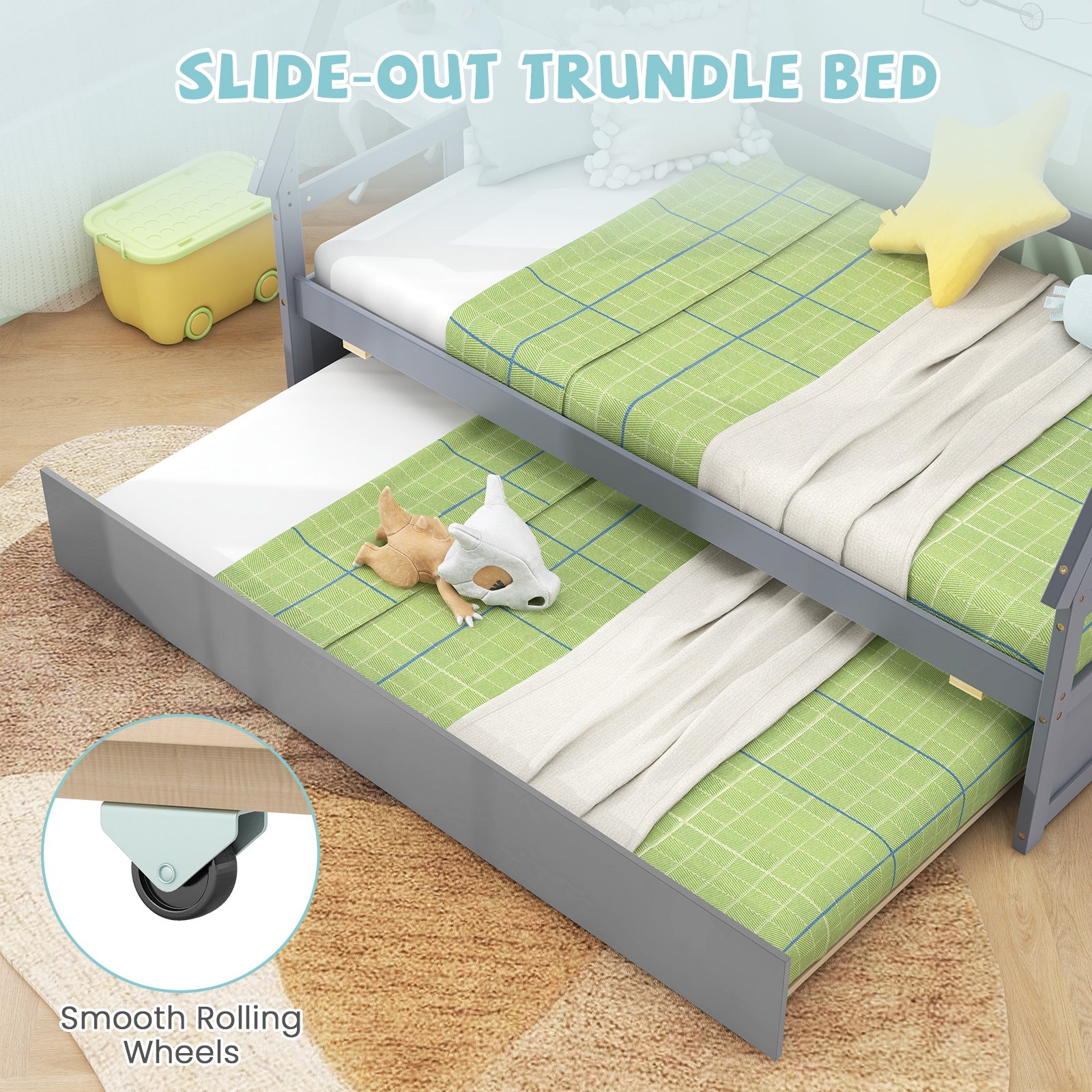 Twin Size House Bed with Trundle and Safety Guardrail, Gray Trundle Bed Frame   at Gallery Canada