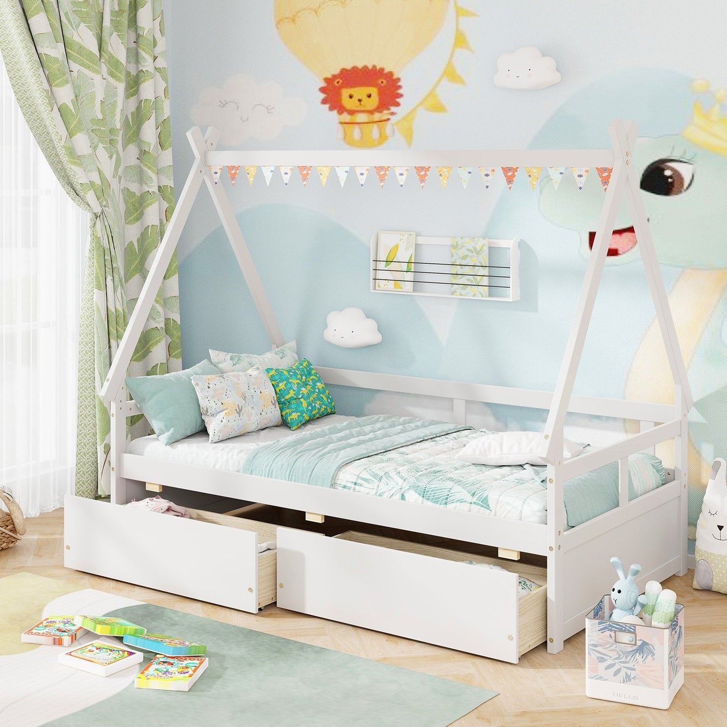 Twin Size House Bed with Roof and Safety Guardrail, White Toddler Beds   at Gallery Canada