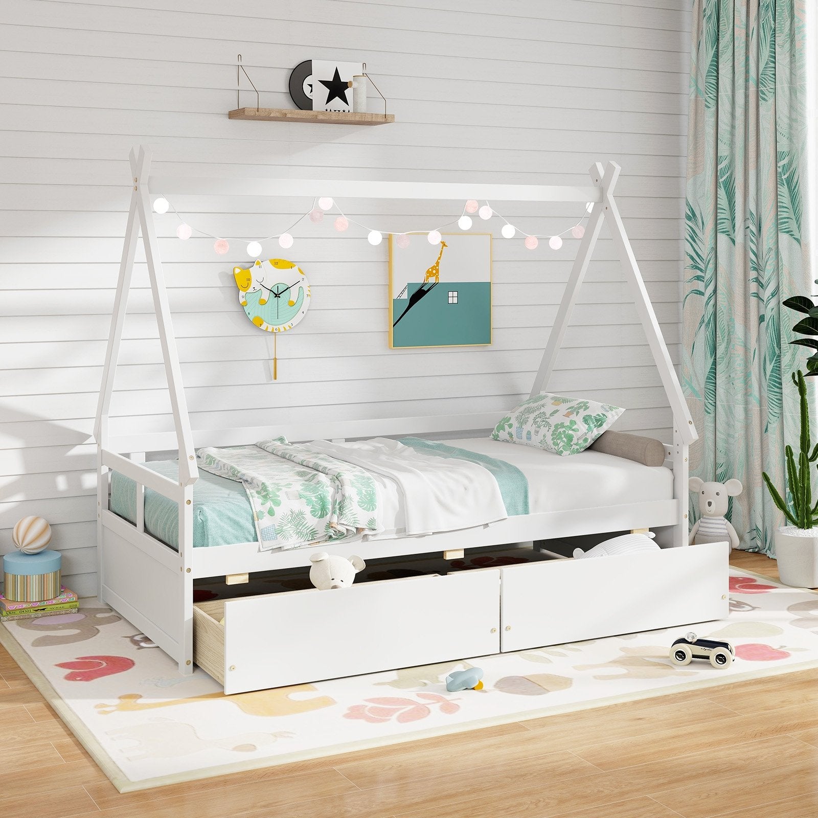 Twin Size House Bed with Roof and Safety Guardrail, White Toddler Beds   at Gallery Canada