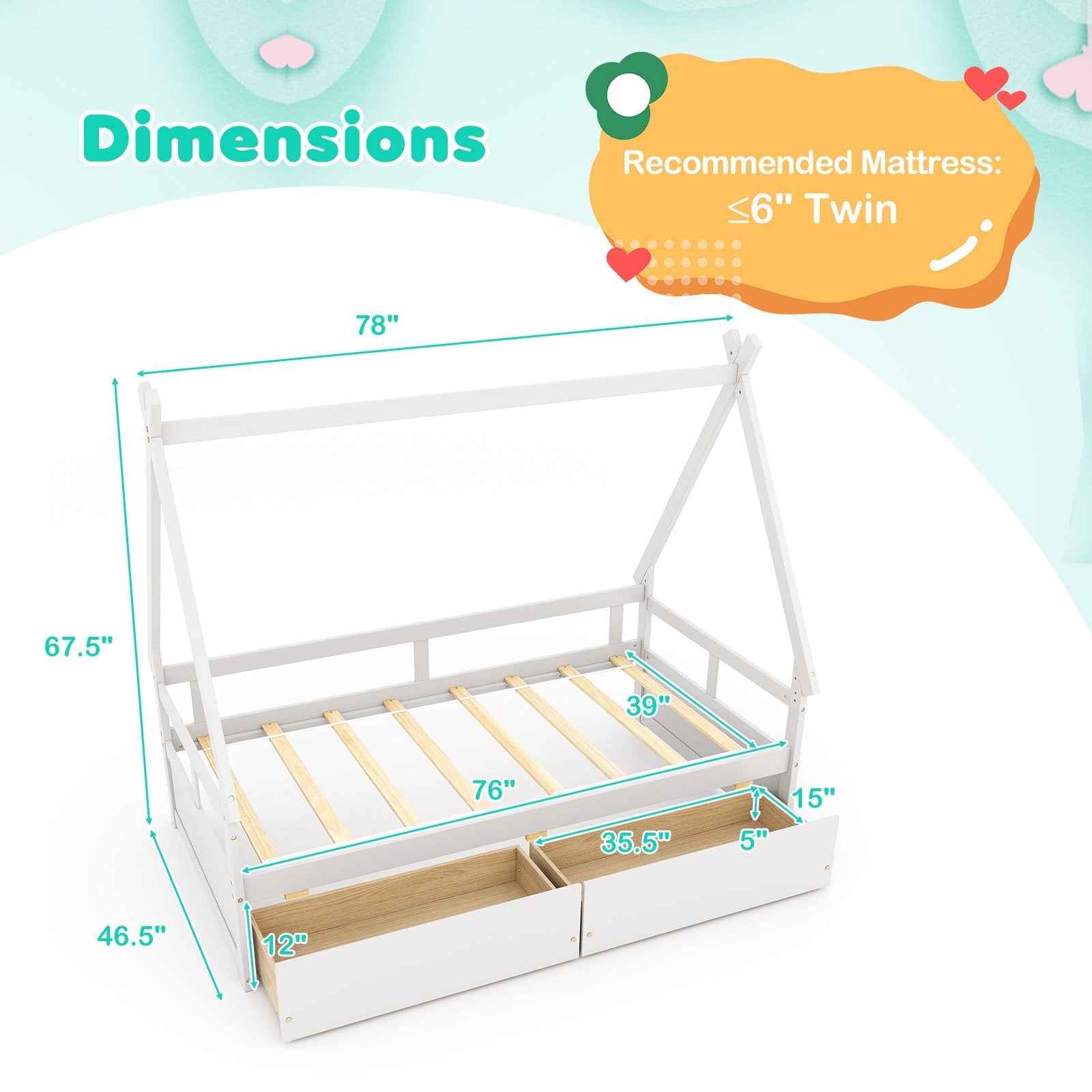 Twin Size House Bed with Roof and Safety Guardrail, White Toddler Beds   at Gallery Canada