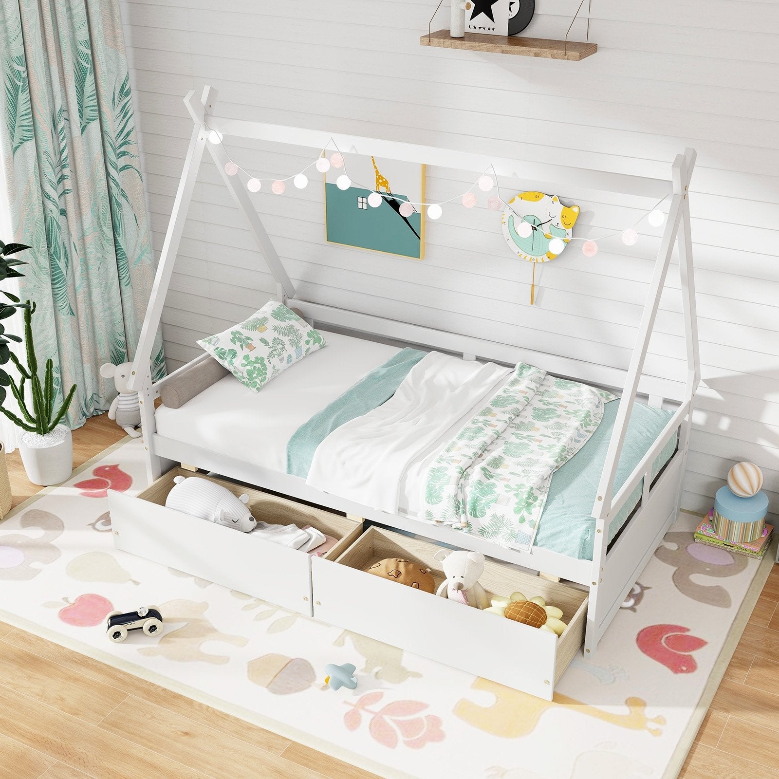 Twin Size House Bed with Roof and Safety Guardrail, White Toddler Beds   at Gallery Canada