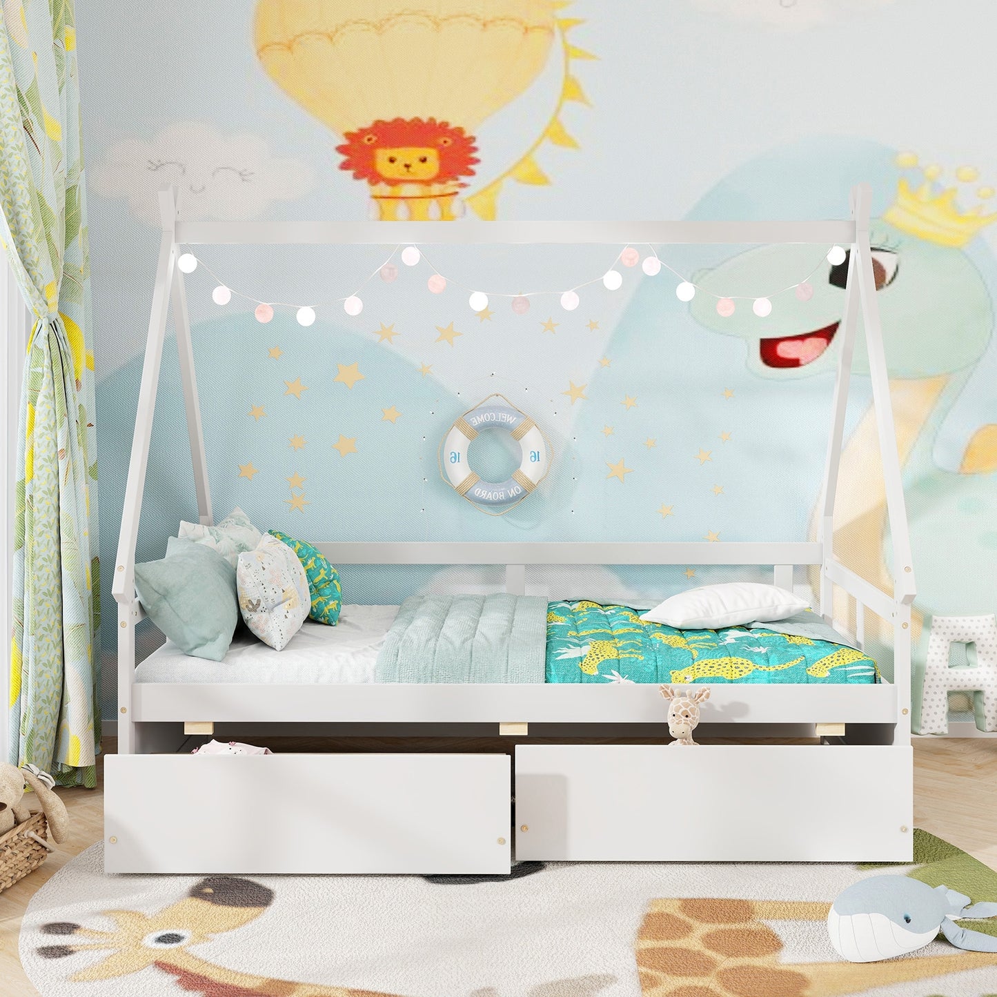 Twin Size House Bed with Roof and Safety Guardrail, White Toddler Beds   at Gallery Canada