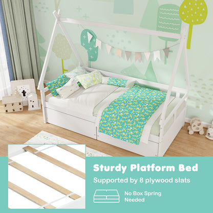 Twin Size House Bed with Roof and Safety Guardrail, White Toddler Beds   at Gallery Canada