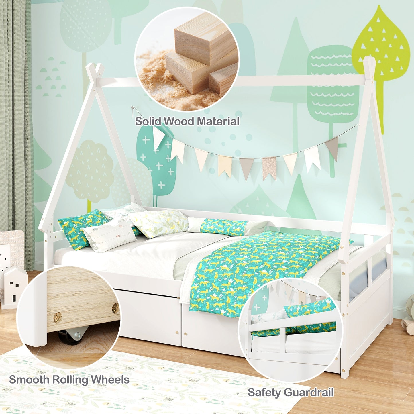 Twin Size House Bed with Roof and Safety Guardrail, White Toddler Beds   at Gallery Canada