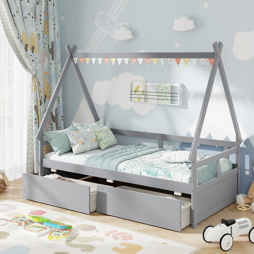 Twin Size House Bed with Roof and Safety Guardrail, Gray