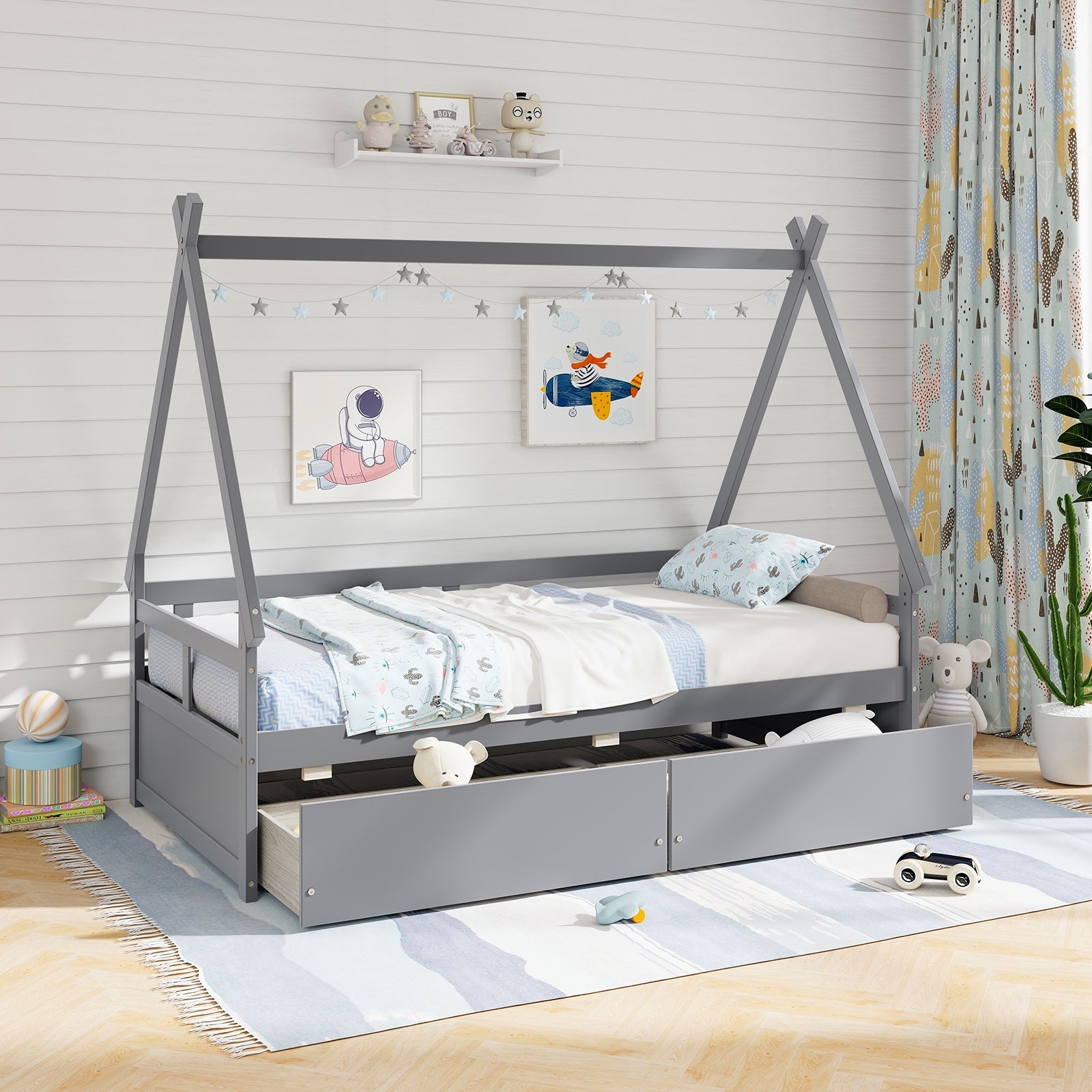 Twin Size House Bed with Roof and Safety Guardrail, Gray Toddler Beds at Gallery Canada