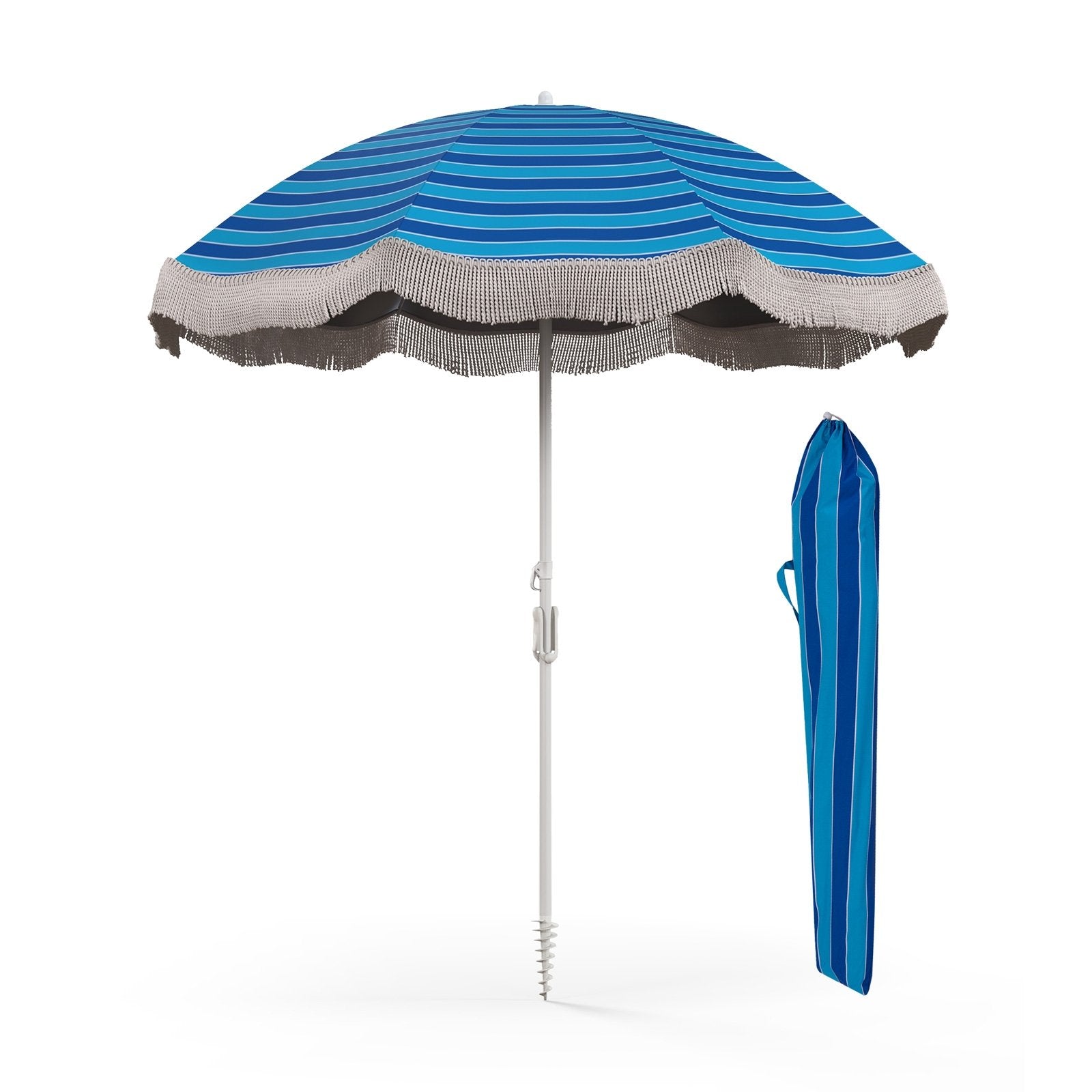 6.5 FT Beach Umbrella with Fringe Outdoor Tassel Umbrella with Push Button Tilt, Navy Outdoor Umbrellas Navy at Gallery Canada